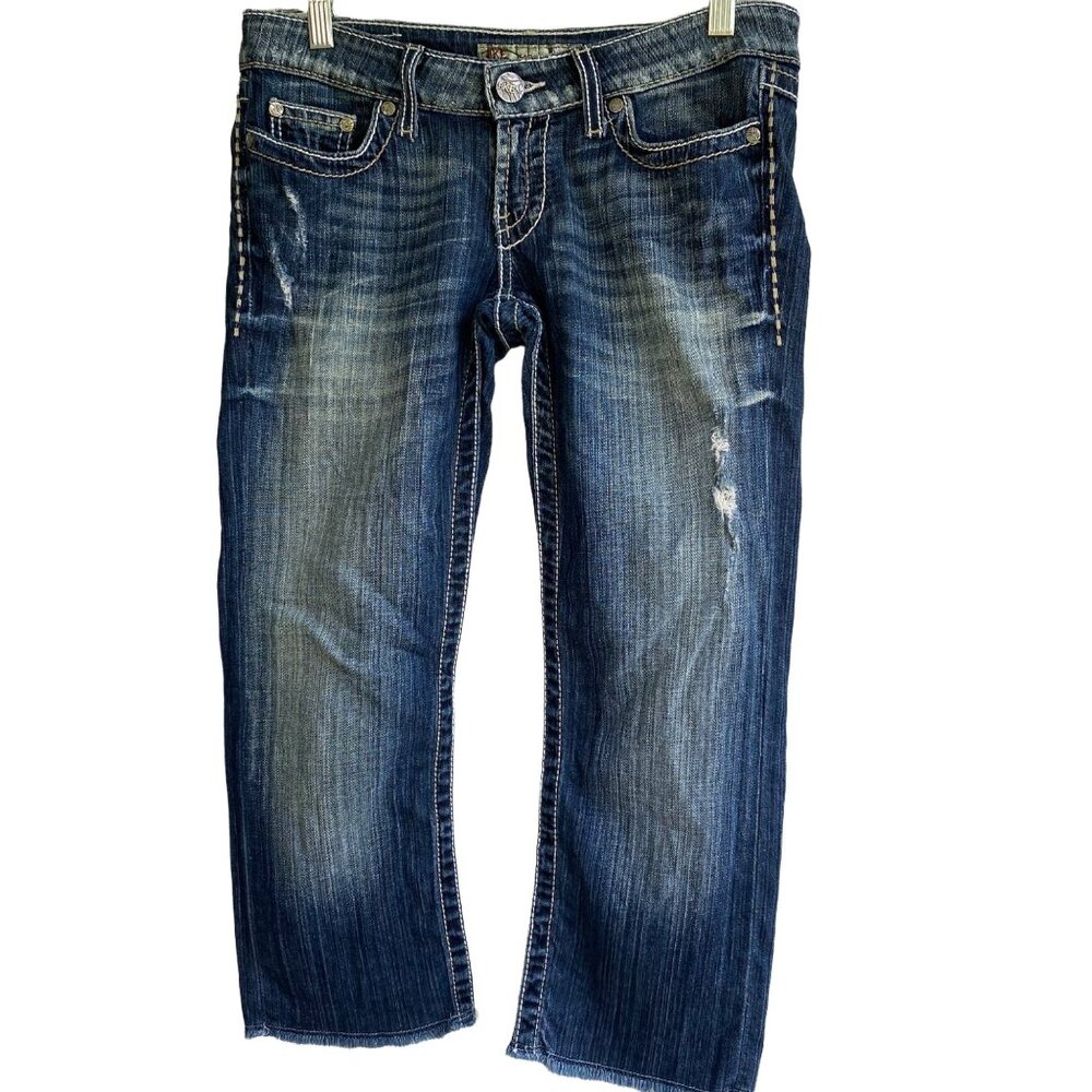 BKE Sabrina Stretch Denim Womens Jeans Size 26 Cropped Low Rise Dark Distressed